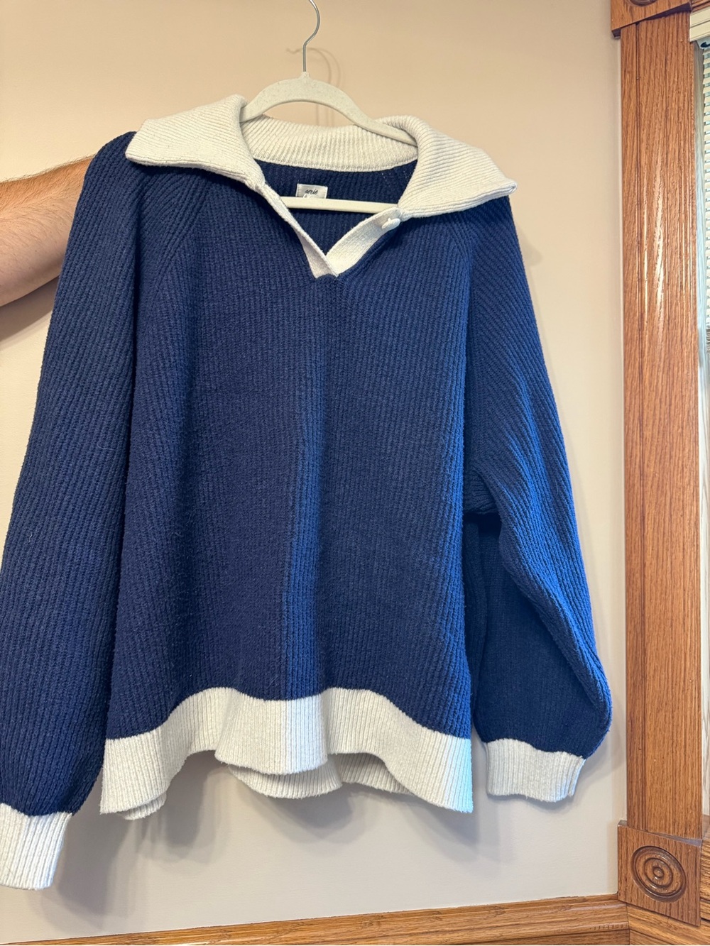 Aerie Navy and Cream Collared Knit Sweater